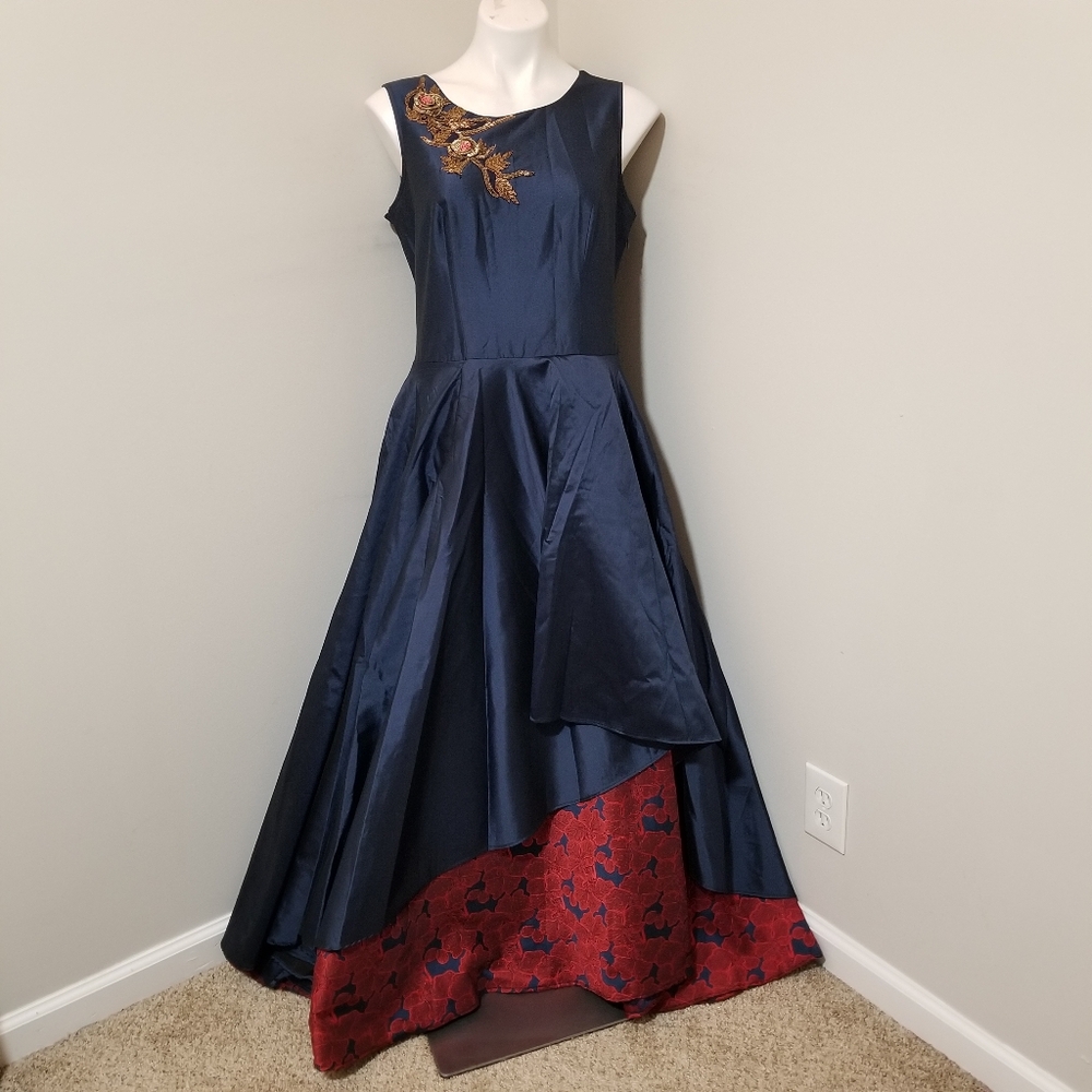 Sz XL Urban Threads Navy Mikado-Ish Gown with Red Floral Jacquard Underskirt